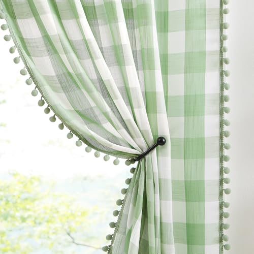 Buffalo Check Semi-Sheer Curtains with Pom Pom Trim - 84 Inch Green & White Drapes (2 Panels)