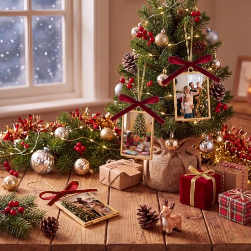 4 Set Double Glass Brass Christmas Picture Frame Ornament for Tree