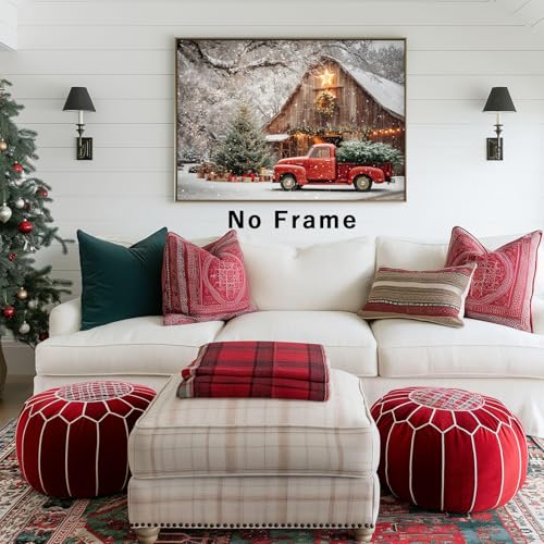 Tevenuktla Christmas Canvas Wall Art 16x24in Red Barn Winter Scene – Unframed