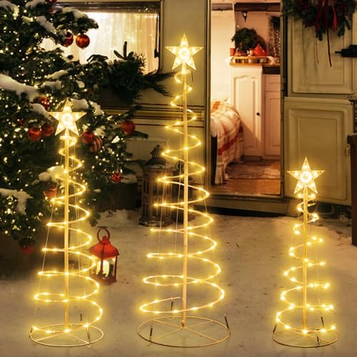 COVFEVER 3-Piece Christmas Spiral Tree Lights Set Warm White 3/4/5 FT Holiday Decor