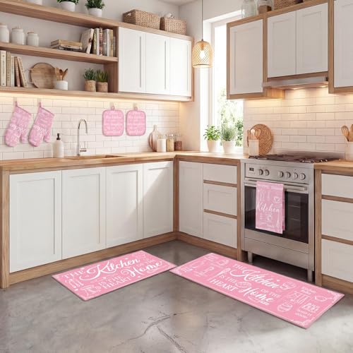 10-Piece Retro Pink Kitchen Decor & Baking Accessory Set with Towels and Rugs
