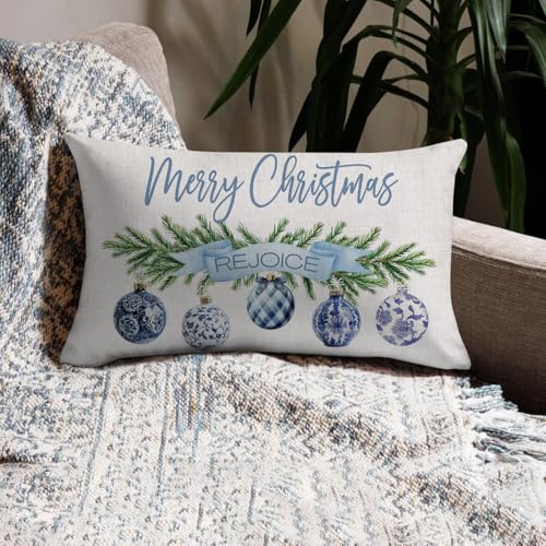 NUTEEN Christmas Pillow Cover 12x20 Blue Baubles & Snowflake Joy - 3 Blue Trees