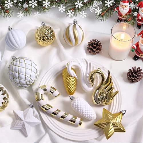 Christmas Balls Ornaments Set - White and Gold, 128pcs Holiday Decorations with Hanging Lanyards