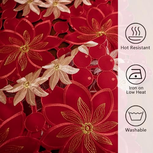 Joyfol Day Christmas Table Runner 14x59 Inches with Gold Poinsettia Embroidery