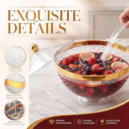 1.4 Gallon Plastic Punch Bowl Set with 25 Cups, Ladle, and Tongs - Gold Trim