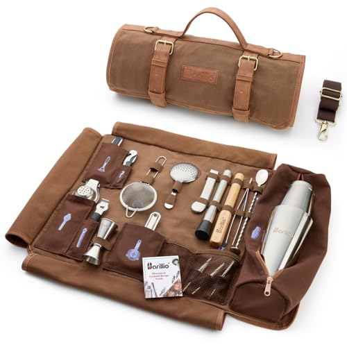 Barillio Brown Silver Waxed Canvas Travel Bartender Kit with 17-Pc Cocktail Set