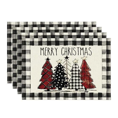 Artoid Mode Watercolor Buffalo Plaid Christmas Placemats – 12x18in, Set of 4 (Black/White) Outdoor & Indoor