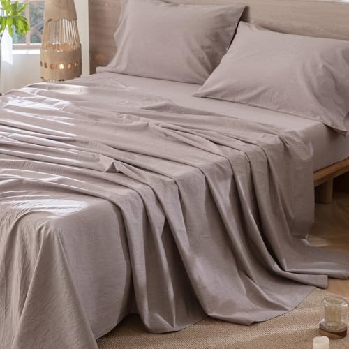 Queen Size Washed Cotton Flat Sheet, Breathable Lightweight Bedding