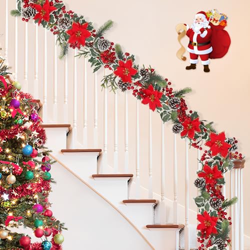 2PCS Red Berry Christmas Garland with Pine Cones & Poinsettias, 12FT Holiday Decor
