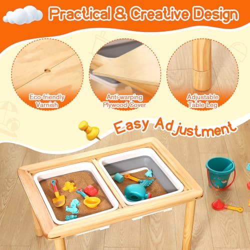 Wooden Sensory Table for Toddlers, 3-Level Adjustable Height Activity Table