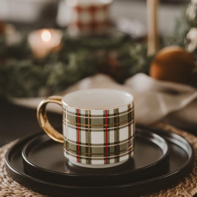 Sweet Water Decor Green Plaid Coffee Mug 14oz - Christmas Holiday Cup with Gold Handle