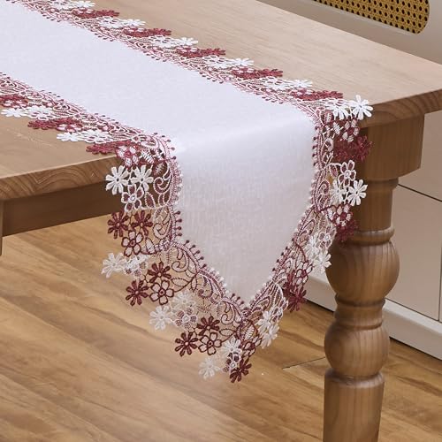 Dark Red Floral Lace Table Runner 16x48 inches for Home Decor