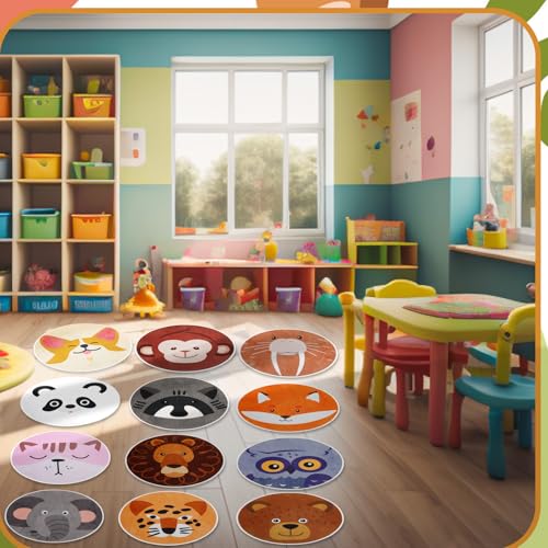 12-Piece Animal Print Round Classroom Rugs, 15-Inch Non-Slip Floor Cushions