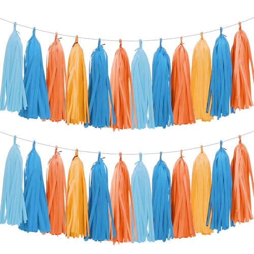 Orange and Blue Tissue Paper Tassel Garland - 20 Pack Party Decoration