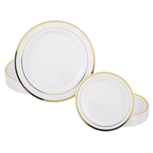 Prestee 50-Piece Disposable Plates Set - White with Gold Rimmed Plastic Plate for Parties, Holidays, Weddings - Includes 25 Dinner Plates and 25 Small Salad Platter - Ideal Thanksgiving Plate