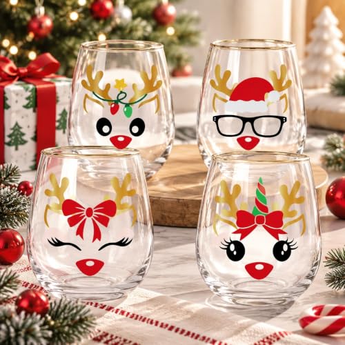 Whaline 4 Pack Christmas Reindeer Stemless Wine Glasses 17oz with Gold Rim for Holiday Parties