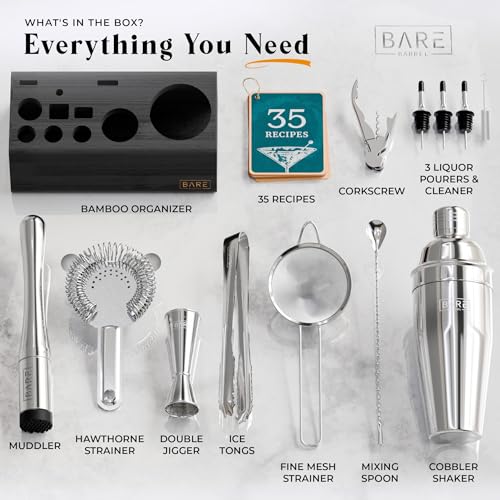 Bare Barrel® 14-Piece Cocktail Bar Set with 24oz Silver/Black Cobbler Shaker & Recipe Cards
