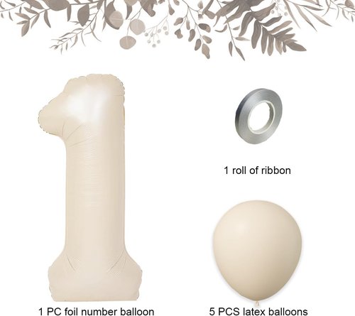 Beige Number 1 Foil Balloon - 40 Inch Large Latex Balloon for 1st Birthday Party & Baby Shower