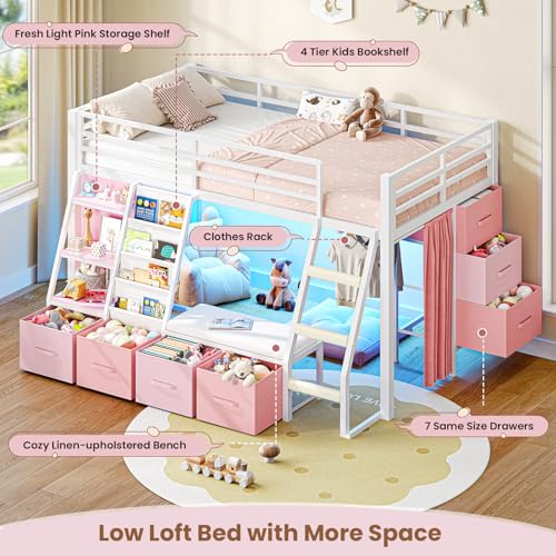 Kids Loft Bed with Storage Drawers, Reading Nook & LED Lights, White & Pink