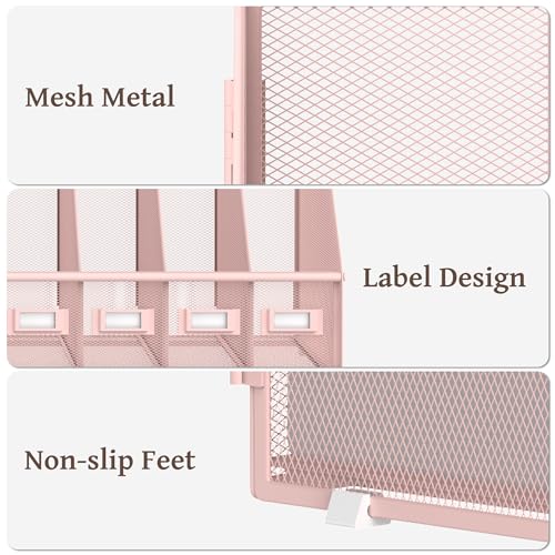 5-Compartment Metal Mesh Desk File Organizer for Magazines and Documents, Pink