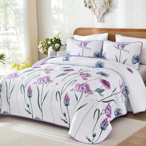 Purple Floral Queen Quilt Set, 3-Piece Reversible Coverlet Set