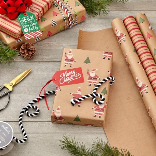 Hallmark Christmas Kraft Wrapping Paper Rolls - 3 Pack Holiday Gift Wrap with Santas, Trees & Stripes