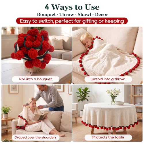 Red 43 Inch Crochet Flower Bouquet Blanket Throw - Knit 3D Rose Decor