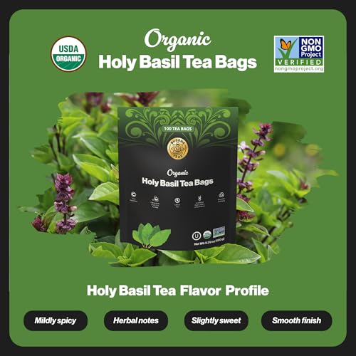 Buddha Teas - Organic Holy Basil Tea Bags - For Health & Wellbeing - Ayurvedic Tulsi - With Antioxidants - Clean Ingredients - Caffeine Free - OU Kosher & Non-GMO - 100 Non-String Tea Bags (Pack of 1)