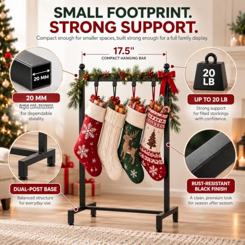 Christmas Stocking Holder Stand with 4 Hooks, Freestanding Metal Rack, 42 Inch Tall