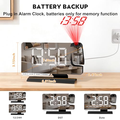 Digital Projection Alarm Clock with 180° Projector & 7.3" Mirror Display