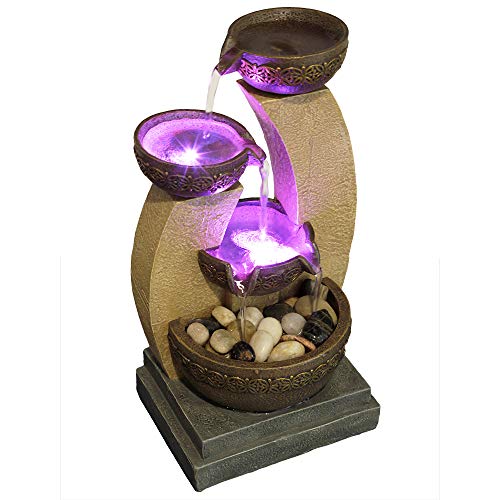 11-Inch Golden Tiered Bowl Tabletop Fountain with Color-Changing LED Lights