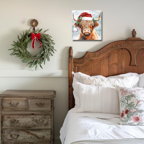 SWQYLB Christmas Highland Cow Canvas Wall Art 24x24 White Framed Farmhouse Decor