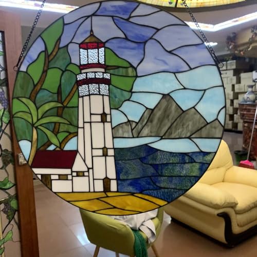 Tiffany-Style Stained Glass Lighthouse Window Panel - 22-Inch Round