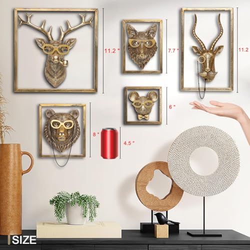 5-Piece Animal Head Wall Sculpture Set, Gold Resin Decorative Wall Mounts