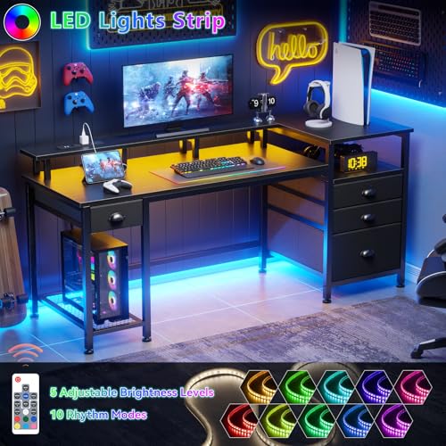 60-Inch Computer Desk with LED Lights, USB Charging Station, and 4 Drawers