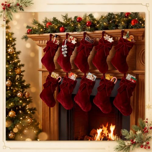 12-Pack Burgundy Velvet Christmas Stockings - Mini 9'' Burgandy Xmas Stocking Ornaments