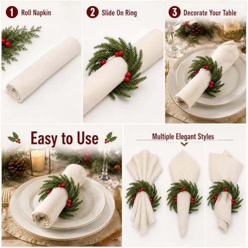 Gandeer 12 Pcs Christmas Napkin Rings Wreath Holders - Red Berry