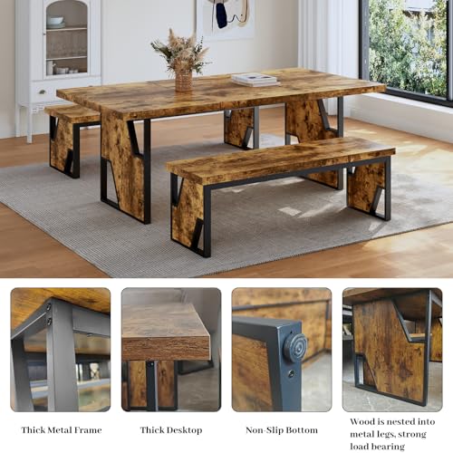 70.8" Modern Wooden Dining Table Set with 2 Benches for 6-8 People