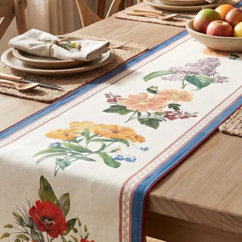 Artoid Mode Beige Blue Floral Farmhouse Linen Table Runner 13x72 Inch - Durable & Elegant Home Decor