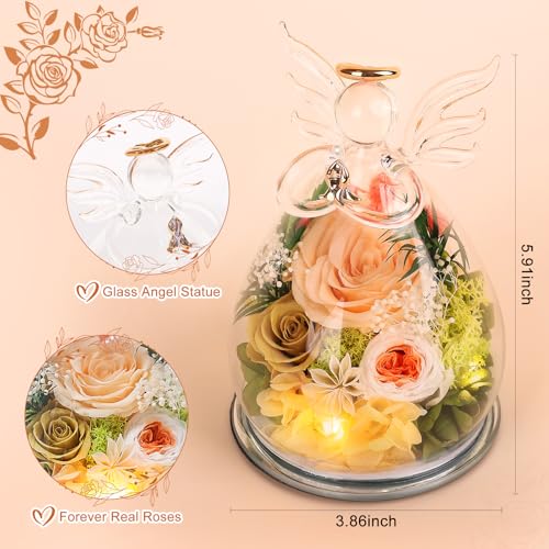 Preserved Rose Glass Angel Figurine with LED Lights - Eternal Flower Gift