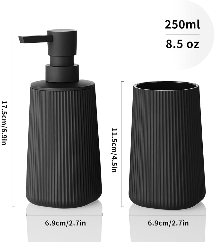YAUKPH Bathroom Accessories Set - 2-Piece Soap Dispenser & Toothbrush Holder | Striped Black Design