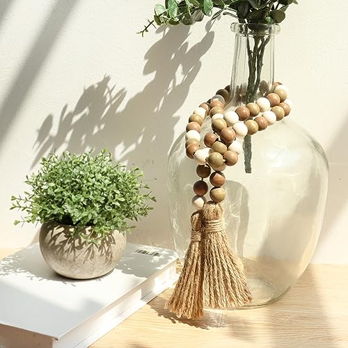 39-inch Wood Bead Garland with Tassels, Rustic Farmhouse Boho Decor