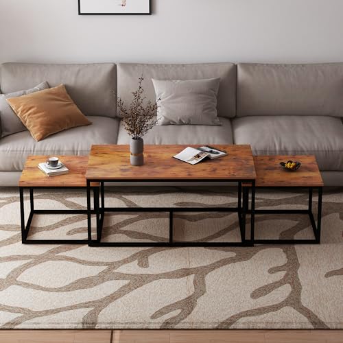 3-Piece Industrial Nesting Coffee Table Set, Space-Saving Wood Side Tables
