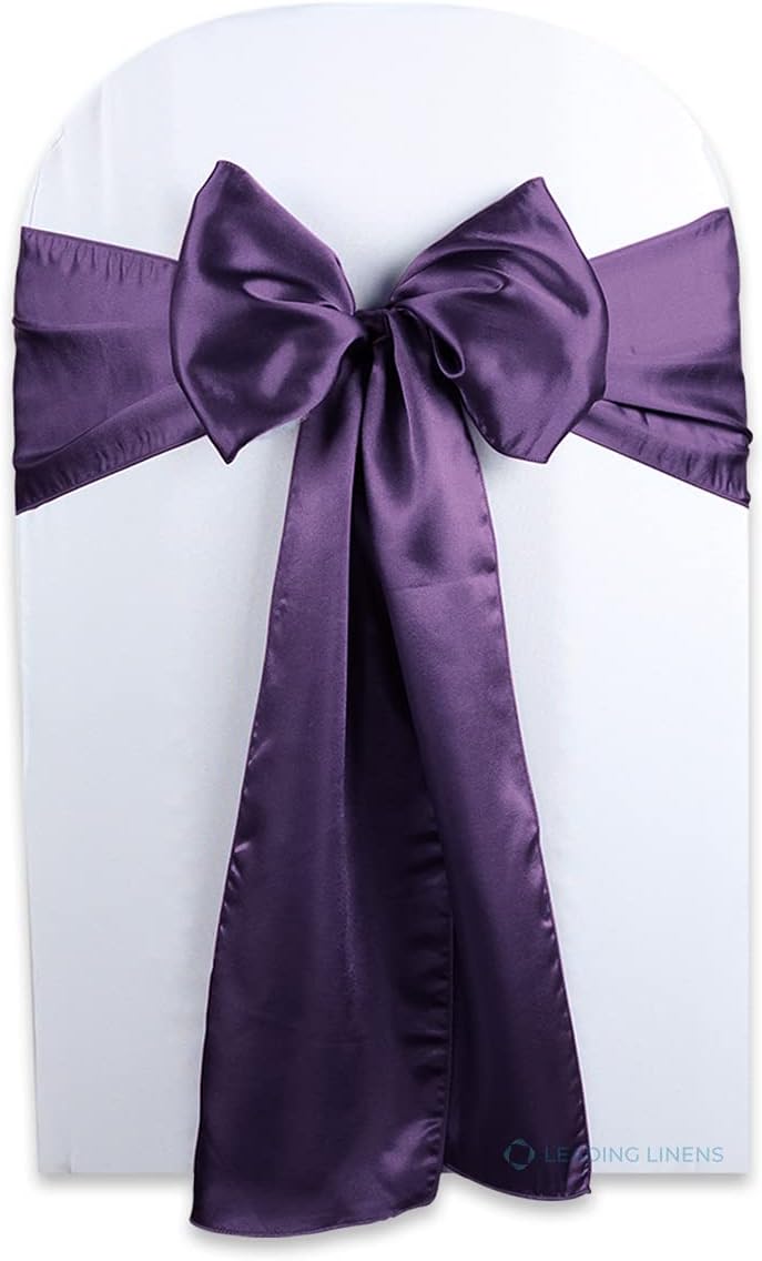 Satin Bow Sash Chair Cover by Elegant Decor - Perfect for Weddings & Events | Set of 100 in Plum Purple