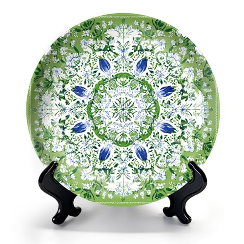 10-Inch Decorative Ceramic Plate with Stand, Floral Mandala Wall Decor