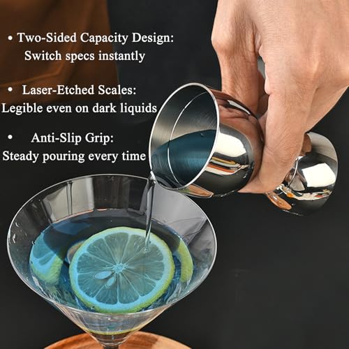 KIBARTOL Silver 1 Jigger - 2 Pourers Professional Stainless Steel Bartender Measuring Tool