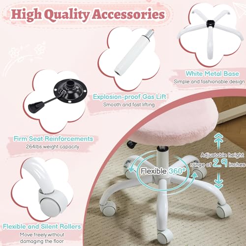 Adjustable Faux Fur Vanity Chair, Swivel Rolling Desk Chair for Makeup
