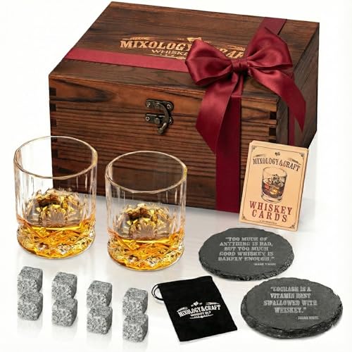 Mixology & Craft Whiskey Stones Gift Set with 2 Crystal Glasses, Slate Coasters & Recipe Cards
