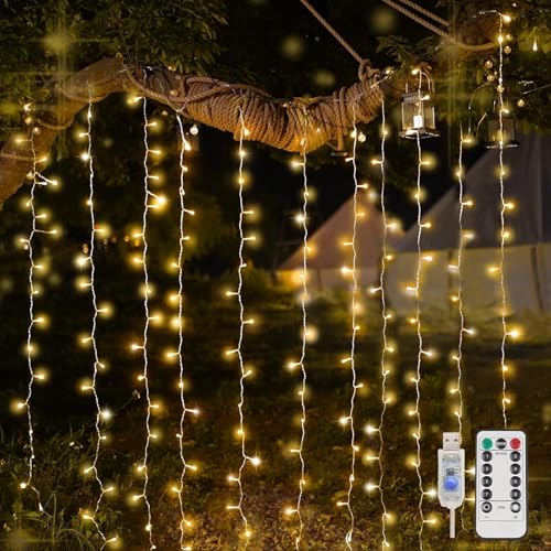 Suddus 200 LED Curtain Fairy Lights with Remote, 6.5x6.5ft Warm White USB Powered Indoor Outdoor Christmas Wedding Decor