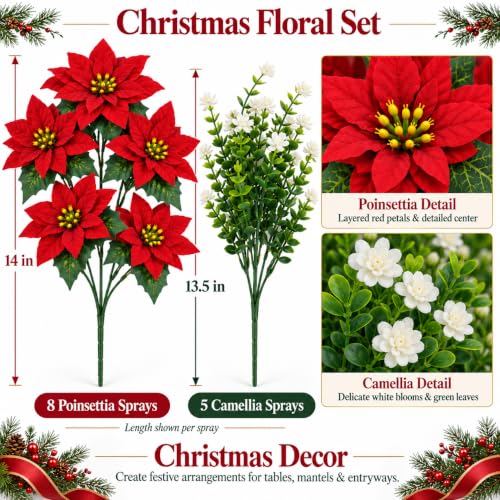 Artificial Poinsettia Flowers Set - 13 Pcs Red & White Camellias for Holiday Decor